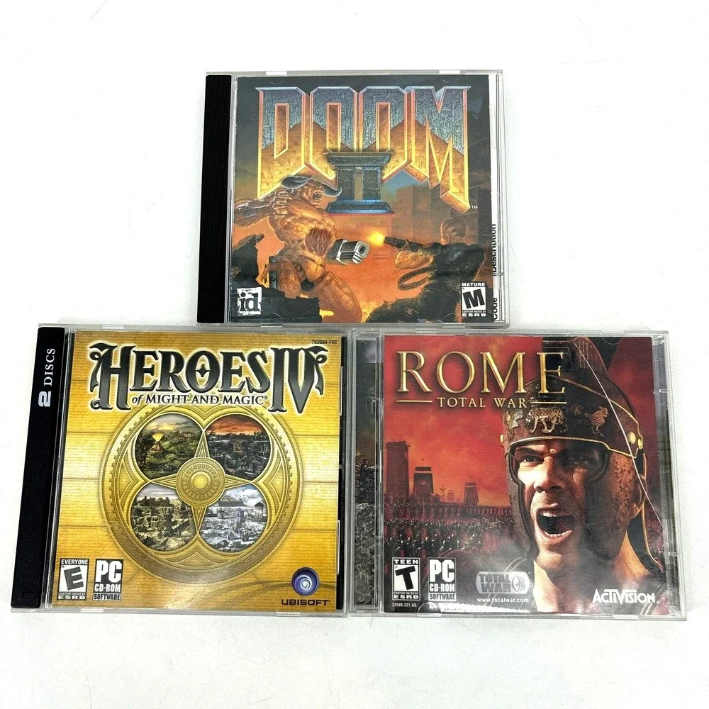 PC Game Lot Vintage Doom II, Rome Total War & Heroes IV of Might &‎ Magic CD Rom