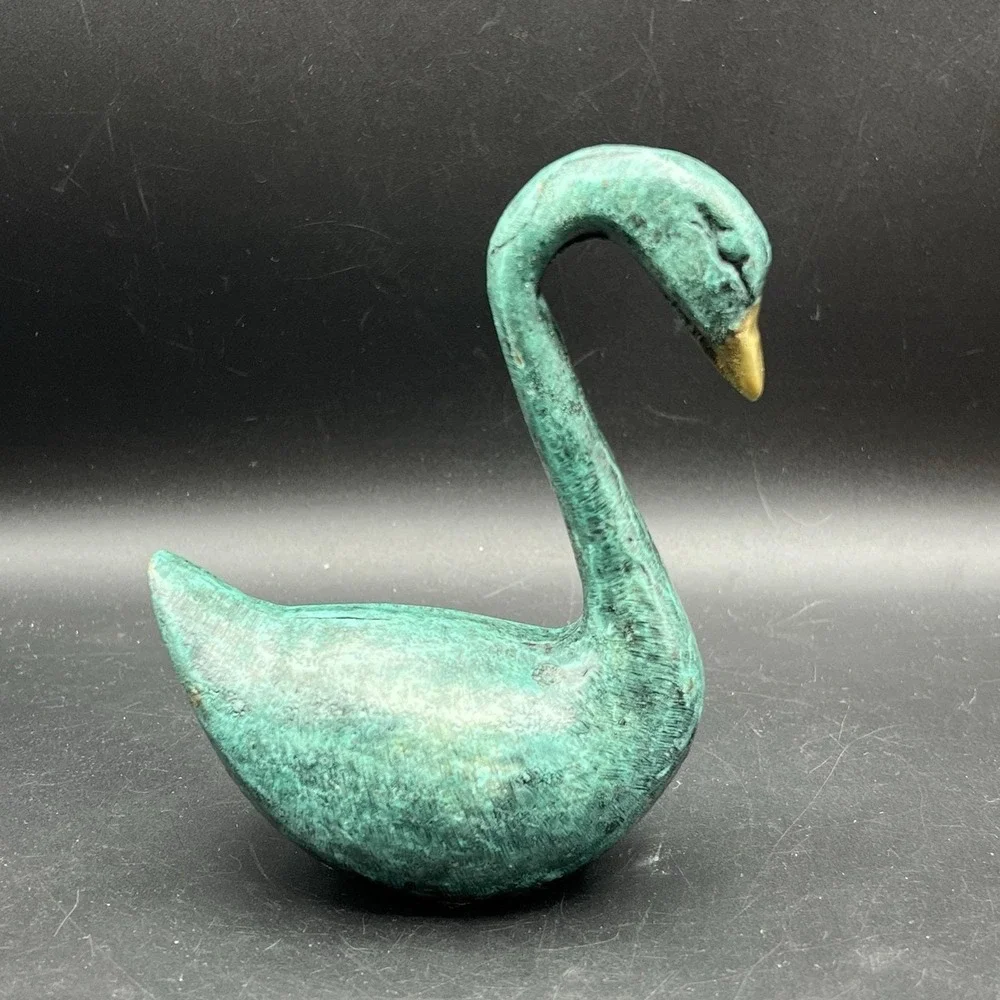 Vintage Verdigris Brass Swan Bird Blue‎ Green Gold Decor Heavy 5