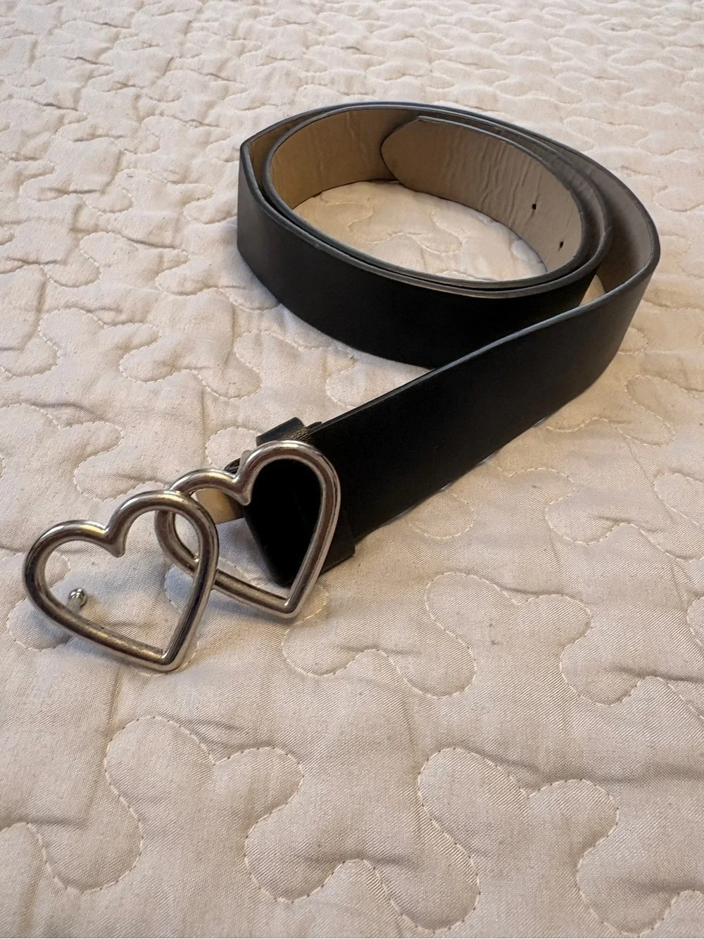 Black Belt with Double Heart Silver Buckle