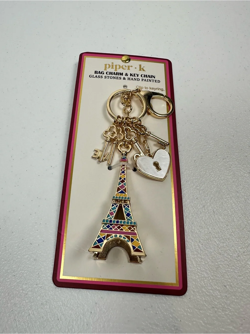 NEW PIPER K‎ PARISIAN DAYDREAM EIFFEL TOWER LOVE HEART GOLD BAG CHARM KEY RING