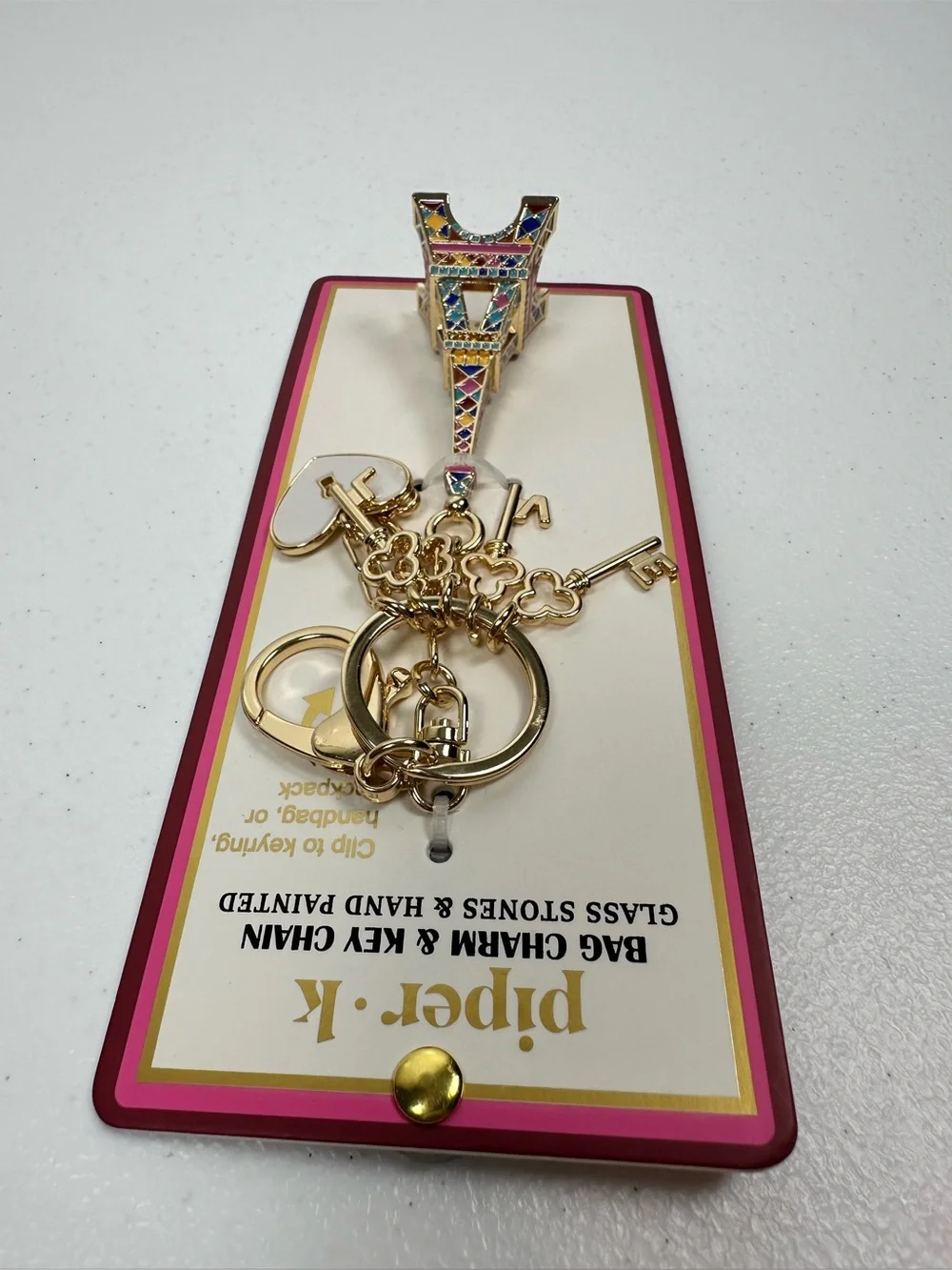 NEW PIPER K‎ PARISIAN DAYDREAM EIFFEL TOWER LOVE HEART GOLD BAG CHARM KEY RING