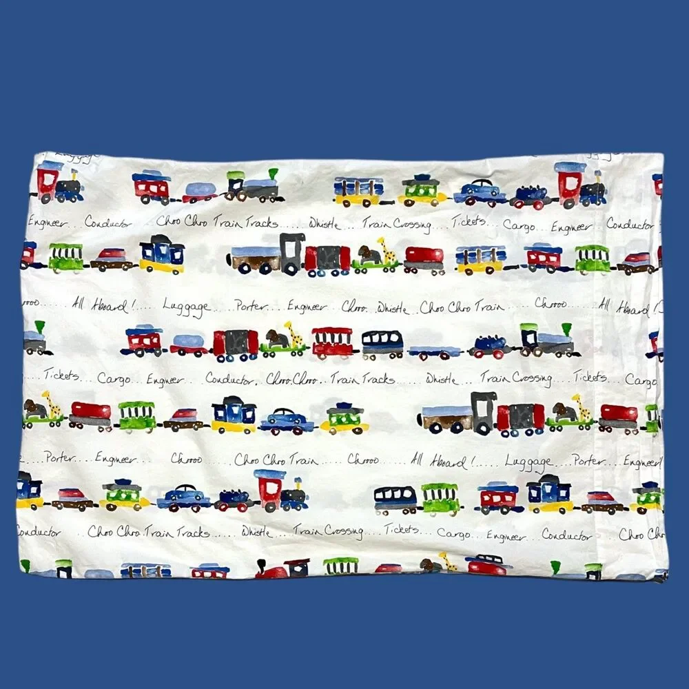 Pottery Barn Train Animals Pillow Case Standard Cover Kid Pillowcase Replacement