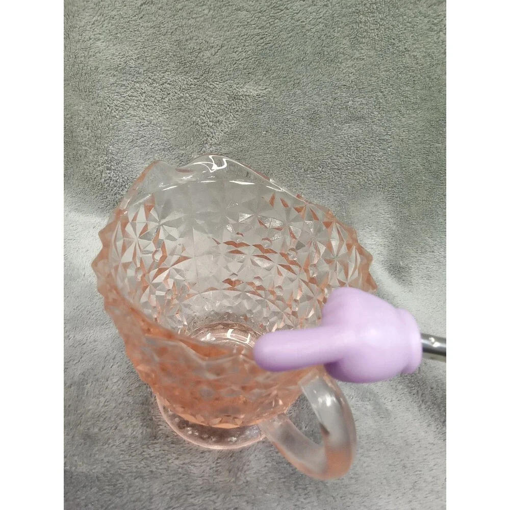 Vintage Pink Glass Creamer, Jeanette, Holiday Pink/Buttons and Bows,‎ 3.5” tall