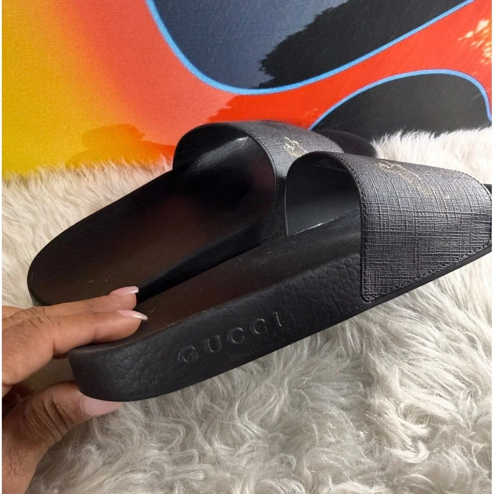 Gucci GG Supreme Tiger Print‎ Slides Mens Black Grey Monogram Sandals 407345