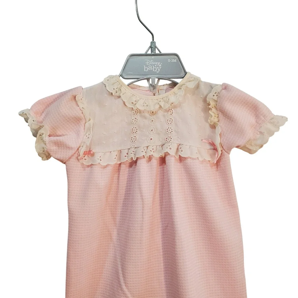 Carters Vintage Romper Lace Collar Pink Waffle Knit Short Sleeve 9 M Made In USA