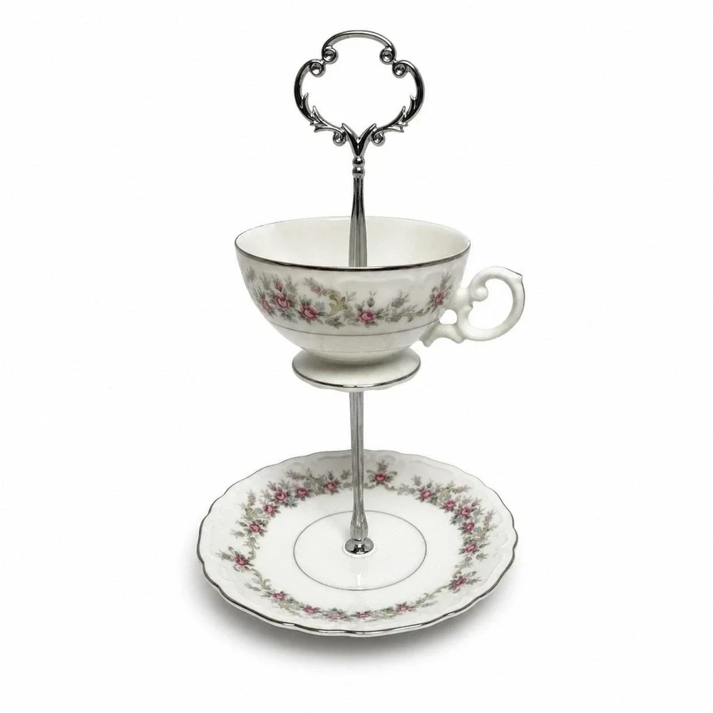 Tiered Stand Unisex OS White Floral Silver Rim 2-Tier Teacup Saucer‎ Upcycle