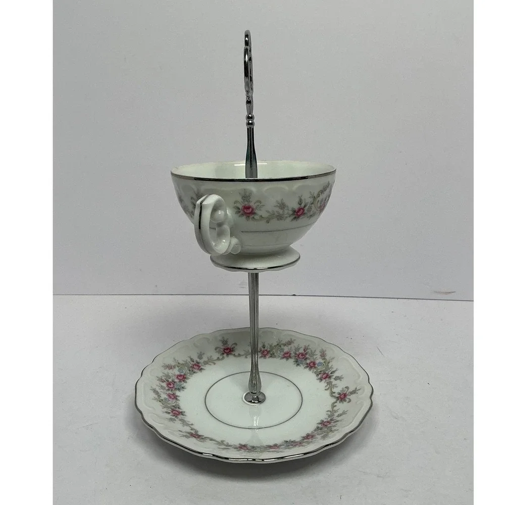 Tiered Stand Unisex OS White Floral Silver Rim 2-Tier Teacup Saucer‎ Upcycle