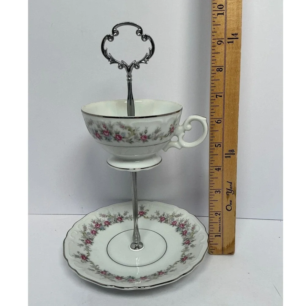 Tiered Stand Unisex OS White Floral Silver Rim 2-Tier Teacup Saucer‎ Upcycle
