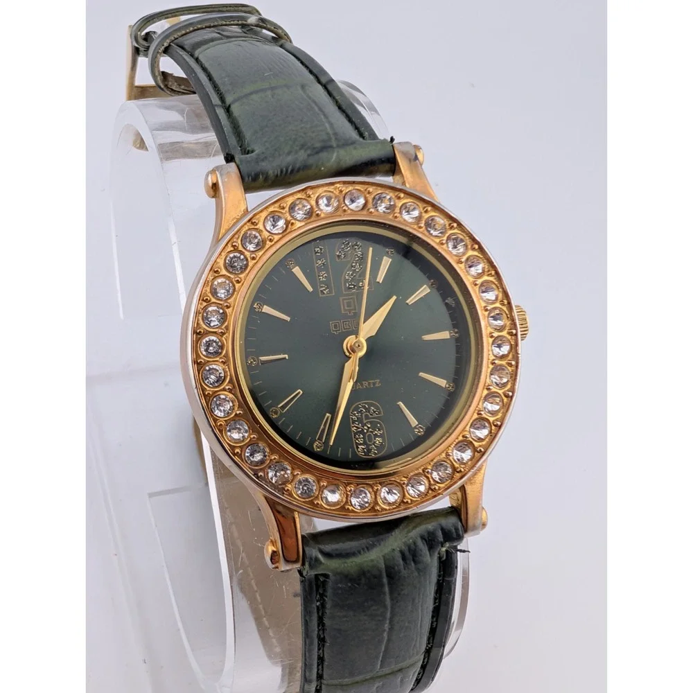 QBOS Limited Edition Watch Gold‎ Case Olive Green Leather Band- New Battery