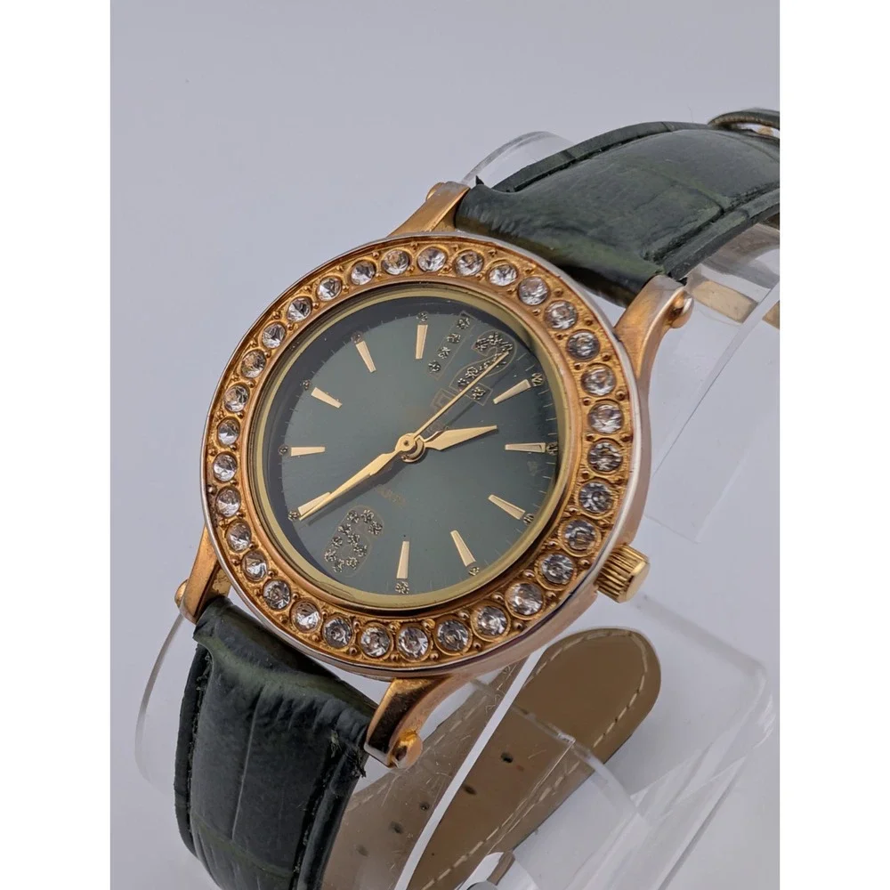 QBOS Limited Edition Watch Gold‎ Case Olive Green Leather Band- New Battery
