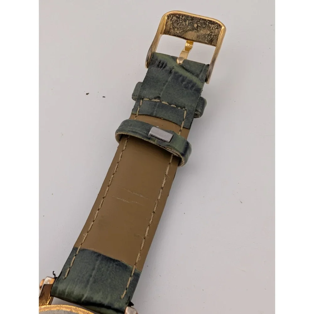QBOS Limited Edition Watch Gold‎ Case Olive Green Leather Band- New Battery