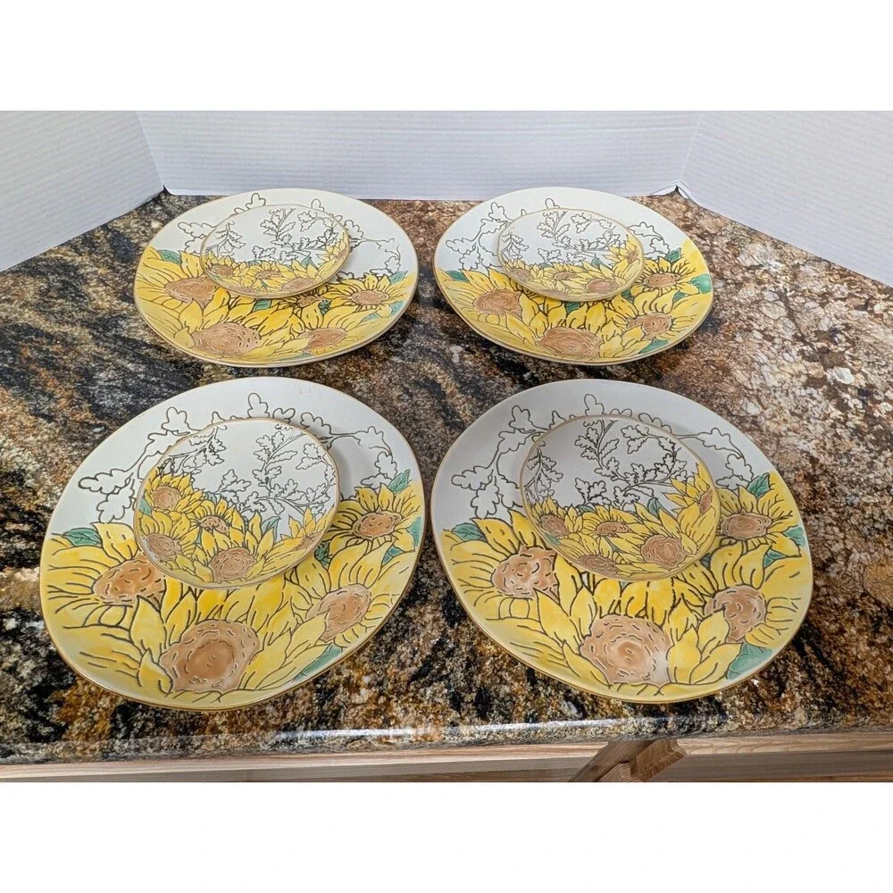 Colorful Gilded Sunflower Dinner Plates & Small Plates Set Of 14. Spectrum