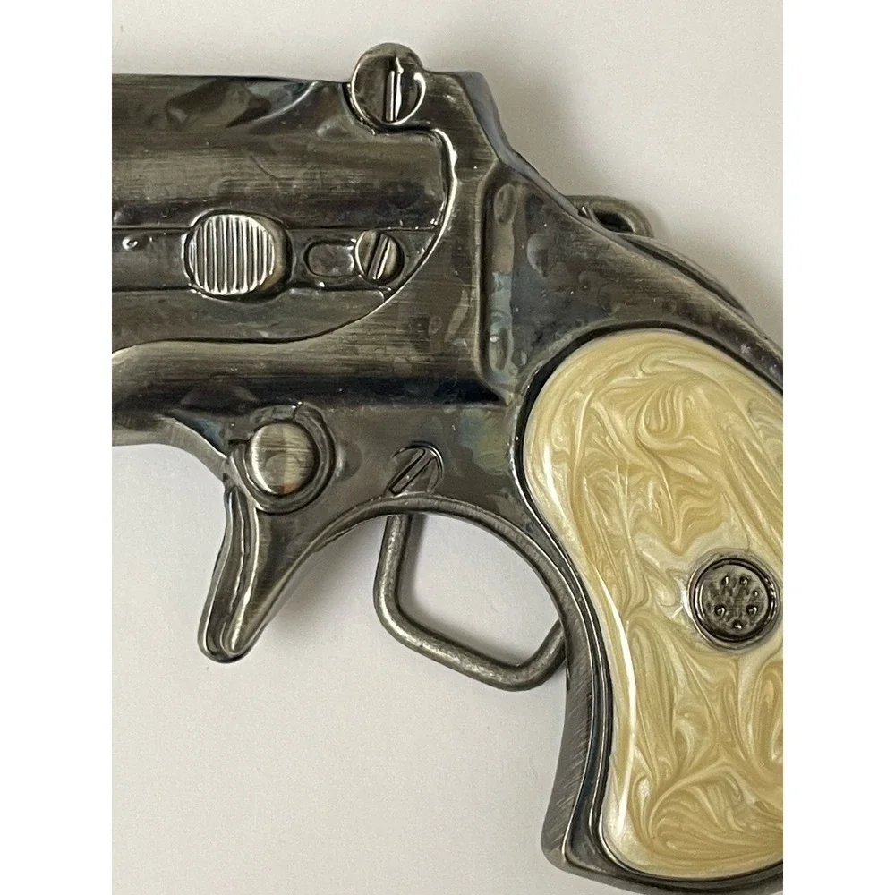 Vintage Remington Style Derringer Pistol Belt Buckle - Faux Pearl Grips
