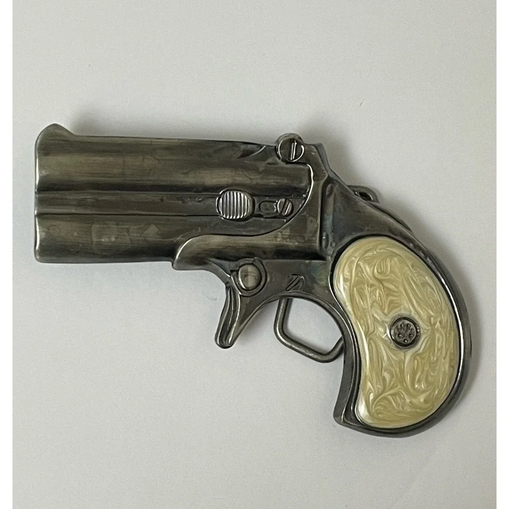Vintage Remington Style Derringer Pistol Belt Buckle - Faux Pearl Grips