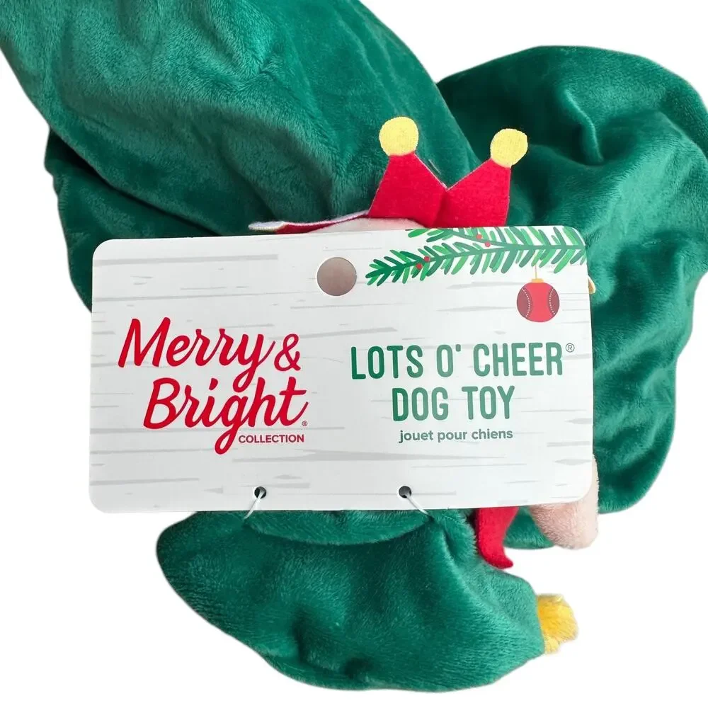 Merry & Bright Elf Plush Dog Toy Green Crinkle Thrash Stuffy Christmas New‎