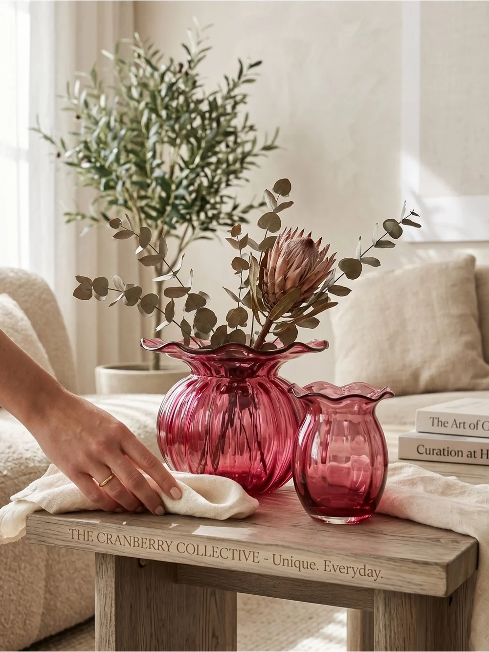 Vintage Cranberry clear glass vases w fluted details. Set of 2