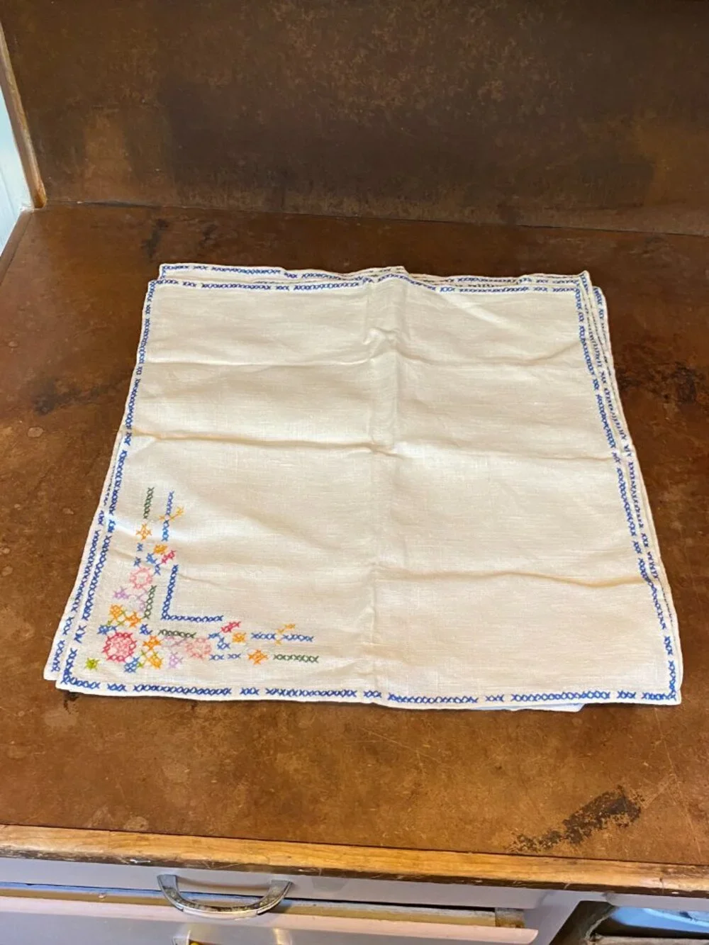1940s SET Hand Embroidered Linen Cloth Napkins Antique White Cottagecore Boho
