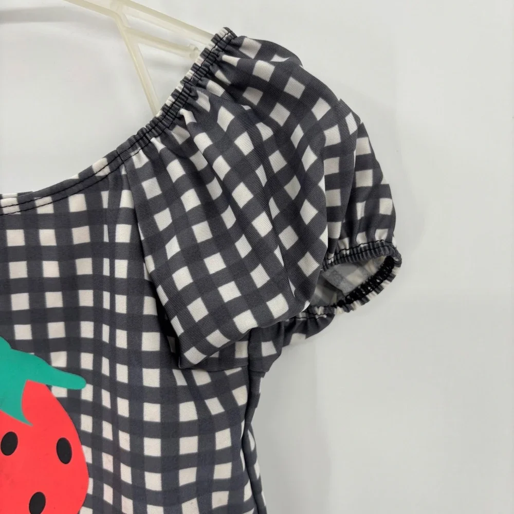 Cat & Jack Swimsuit Toddler 5T Black Gingham Strawberry One Piece Puff Sleeve