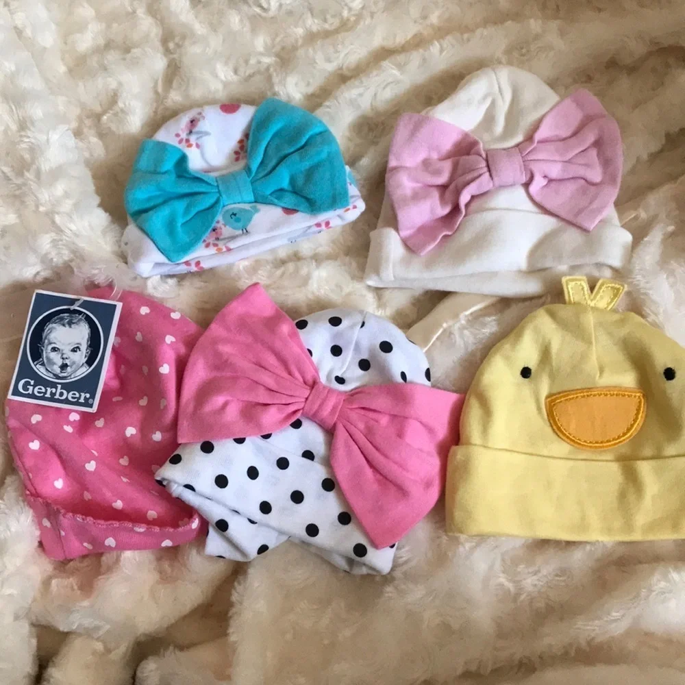 5 Piece Bundle Of Baby Girl Bow Beanie Cap Hats