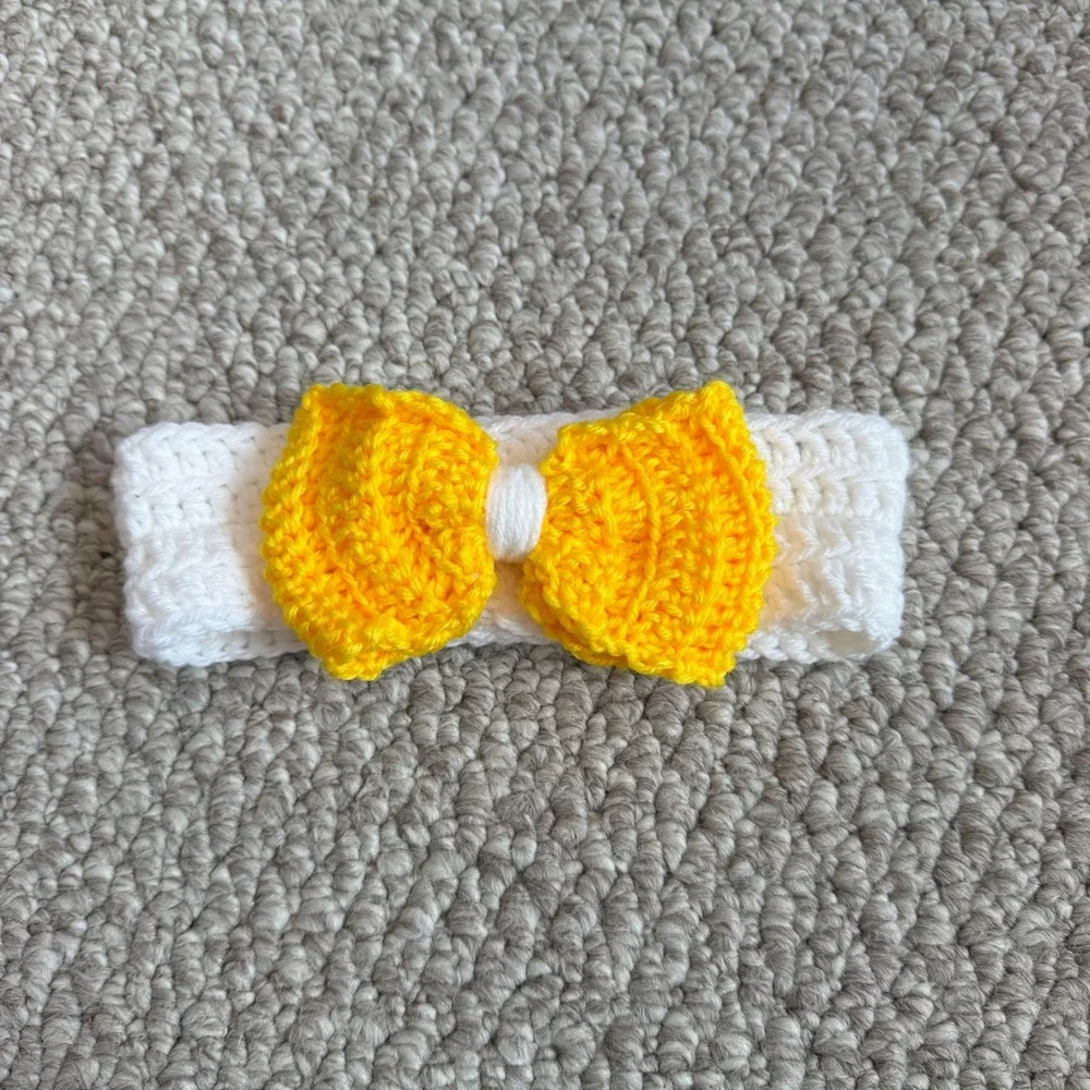 Handmade‎ Crochet Baby Headband White with Yellow Bow OSFM Accessory