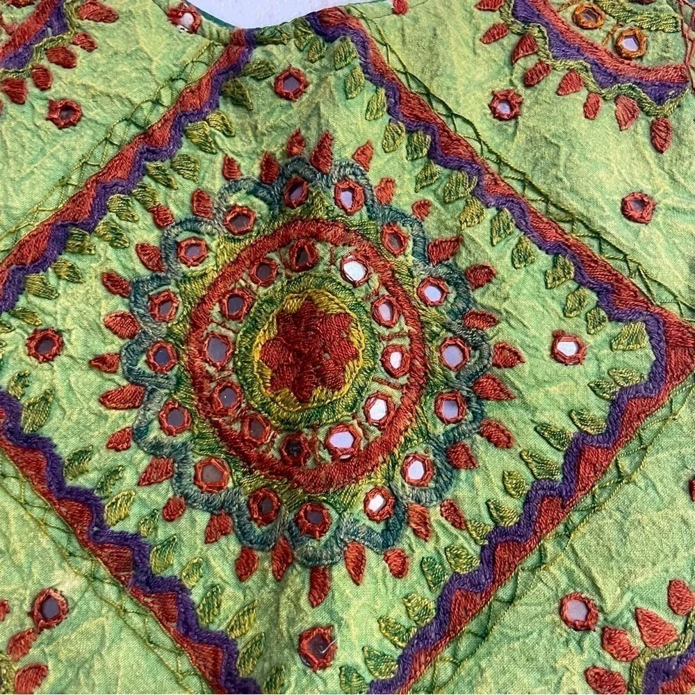 Green, Rust, Purple Embroidered Handbag Purse with Mirror pieces. Made in India