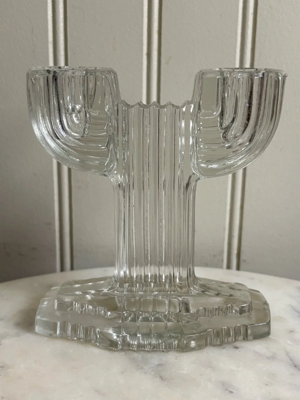 Vintage Anchor Hocking Art Deco Glass Cactus-Style Double Candleholder Clear VTG