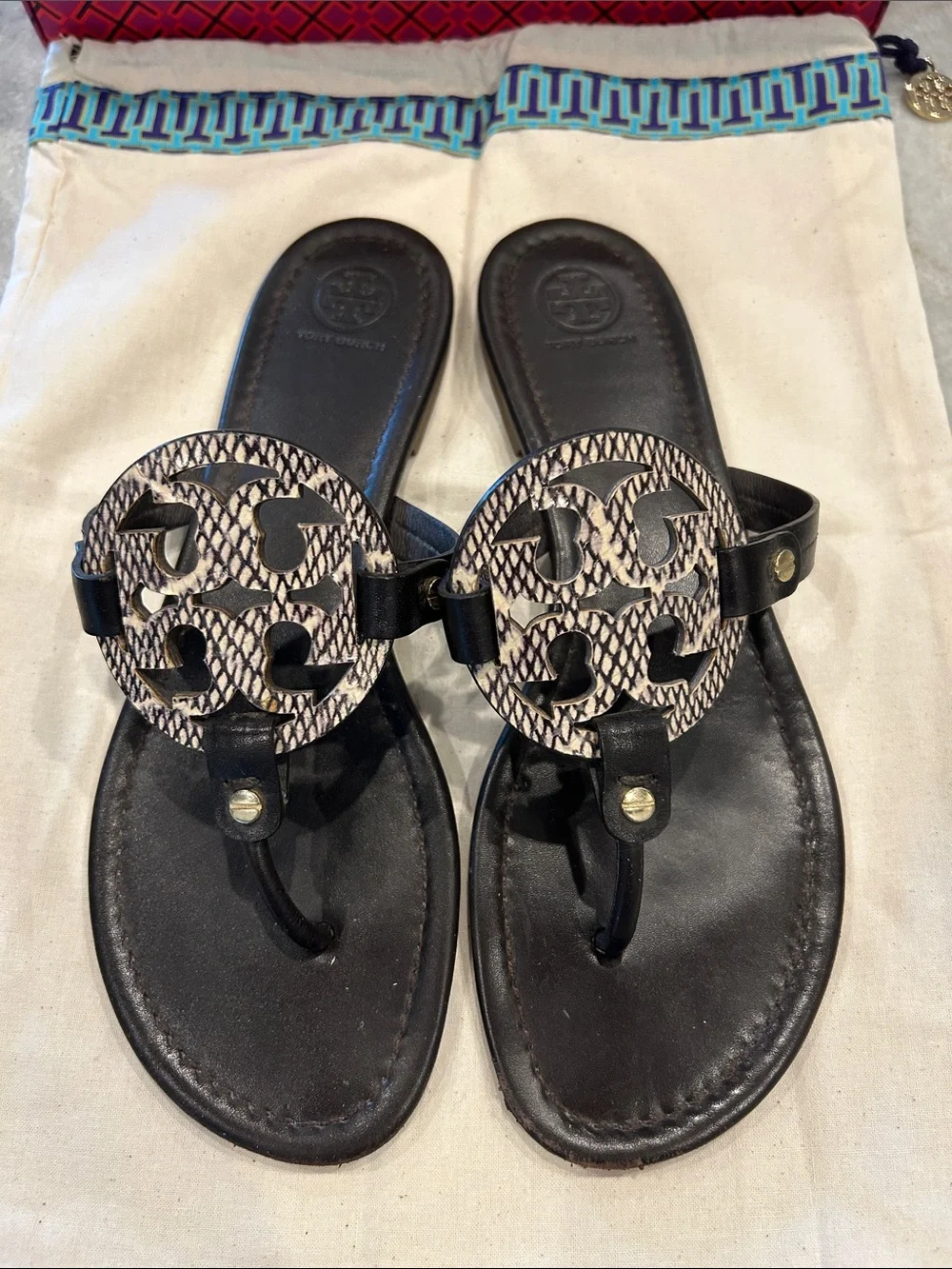 Tory Burch Black Leather Miller Logo Thong Sandals with Snakeskin Medallions
