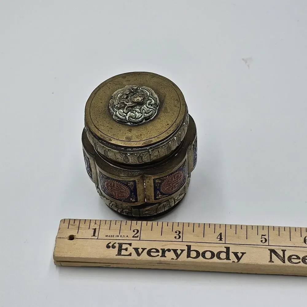 Vintage Chinese Lidded Enamel Brass Tea Caddy Snuff Jar Blue Red
