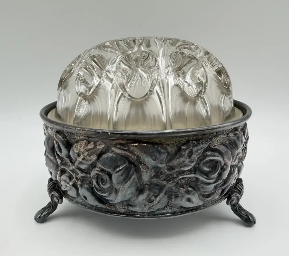 Reims Clear Glass 4.5” Floral Frog France w Silver Plate Base by de Uberti Italy