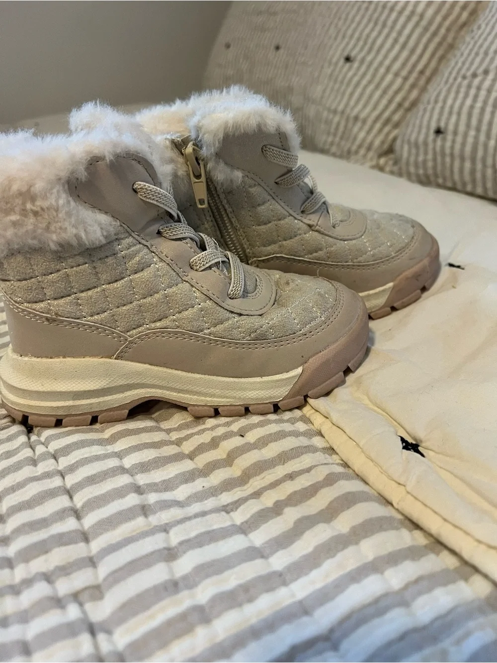 Kids Quilted Faux-Fur High-Top Boots in Light Pink and Glitter