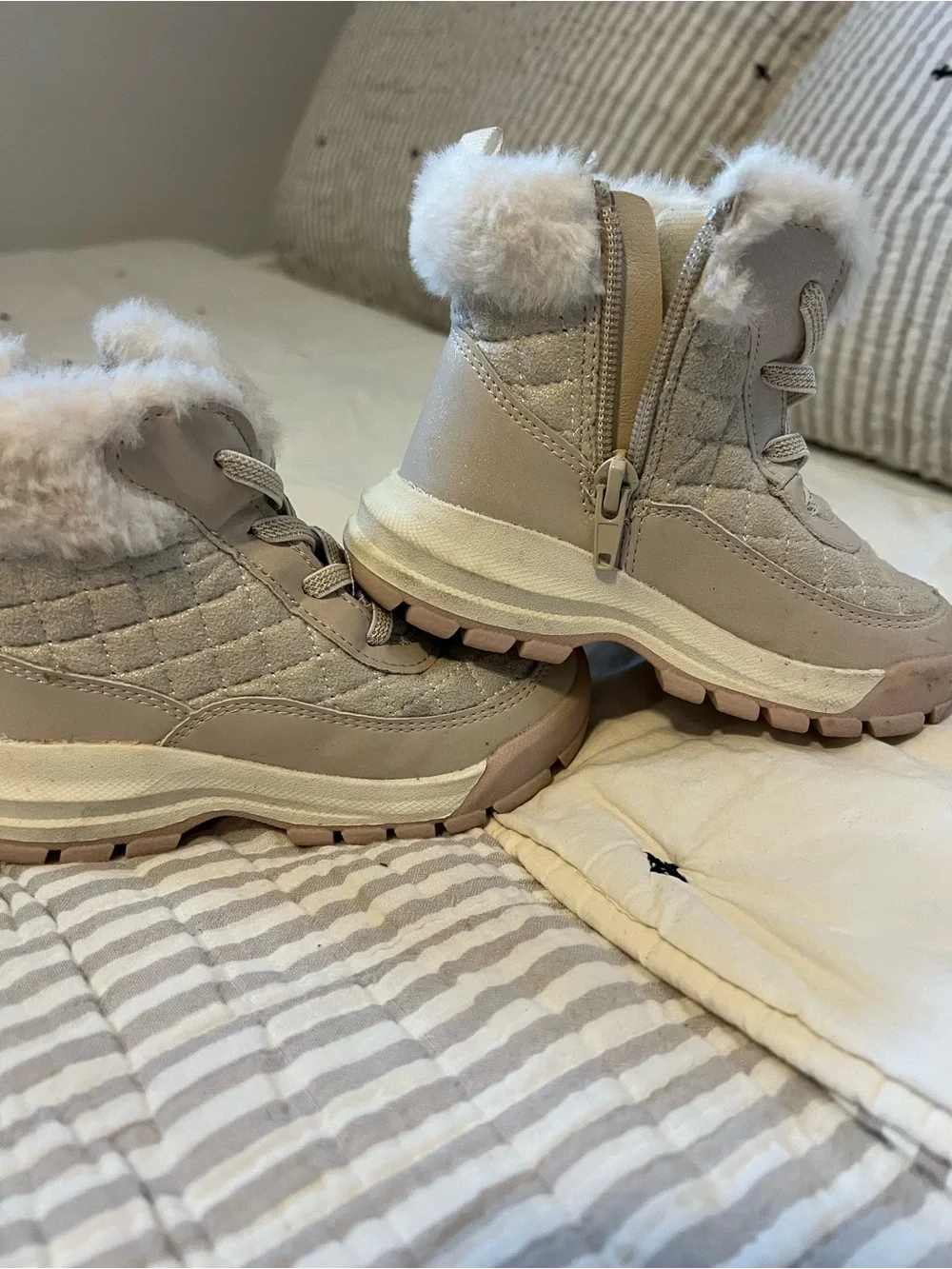 Kids Quilted Faux-Fur High-Top Boots in Light Pink and Glitter