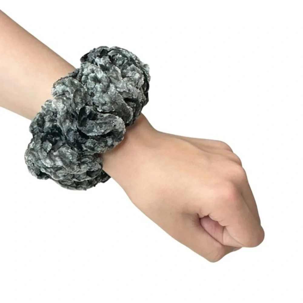 Crochet Scrunchie Oversize Hair Tie Gray Plush Crushed Velvet Handmade