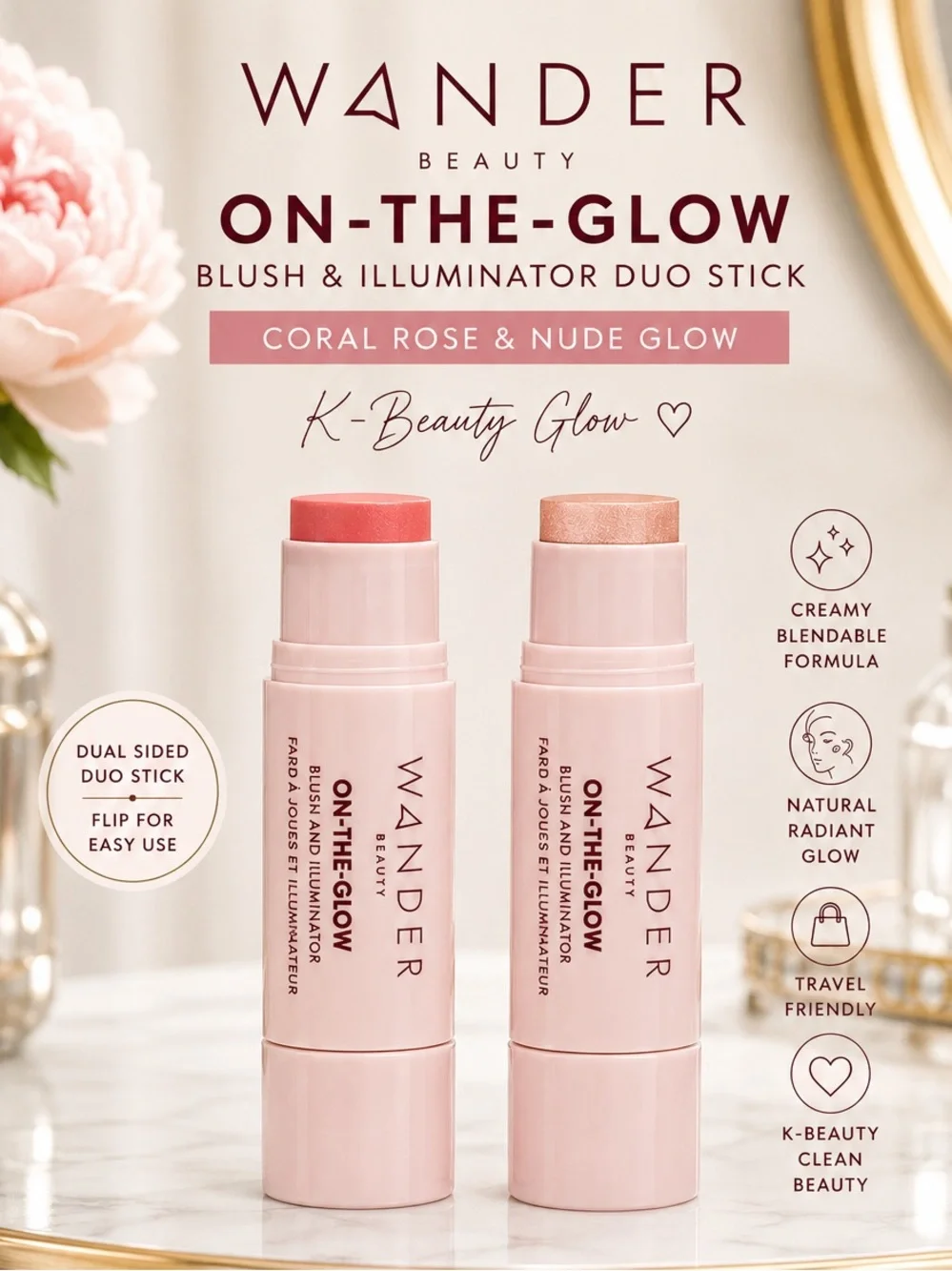 ✨ Wander Beauty On-The-Glow Blush & Illuminator Duo Stick Coral Rose & Nude Glow
