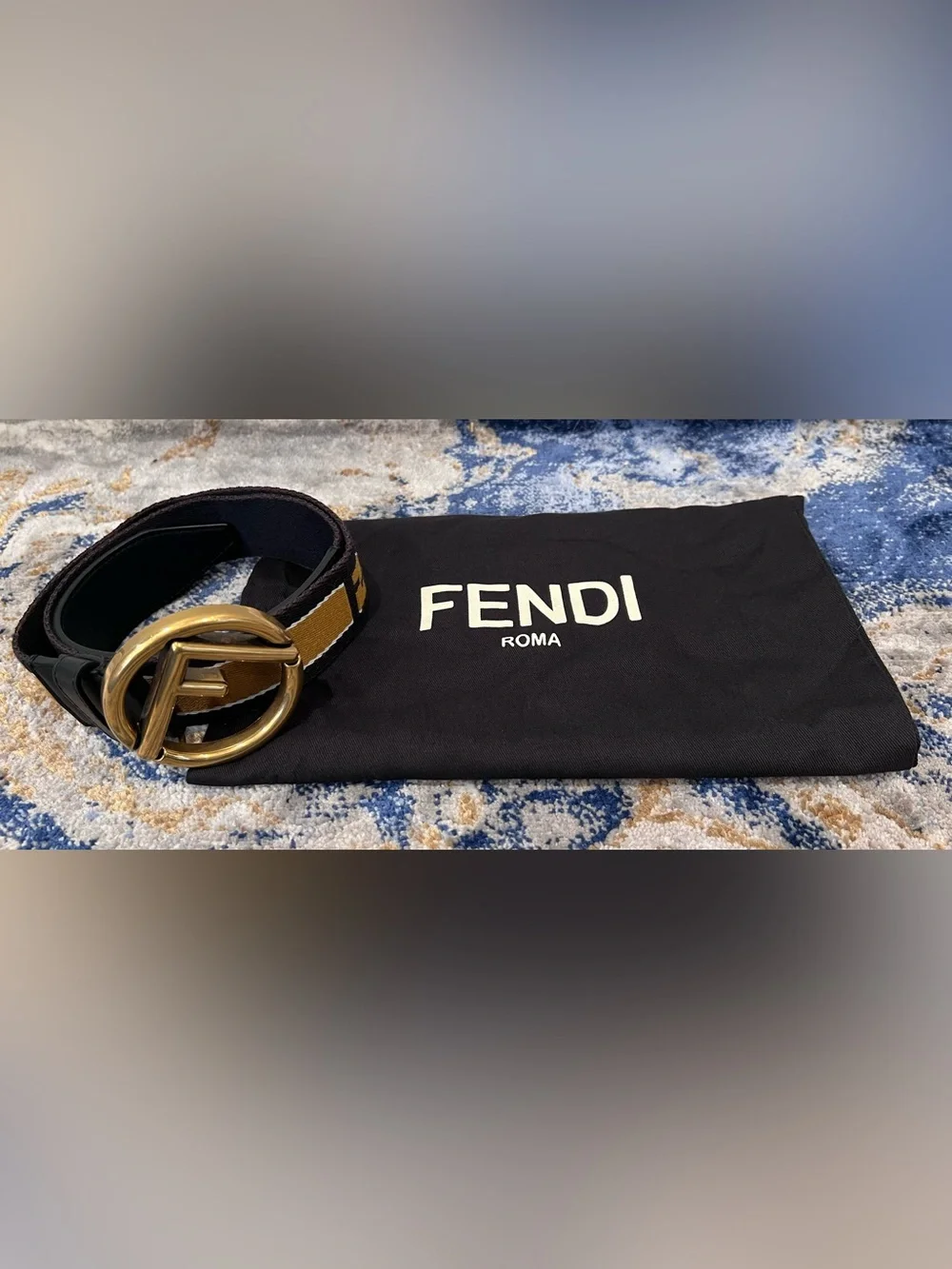 Fendi Brown & Yellow Logo Webbing Belt with Gold-Tone Round Buckle