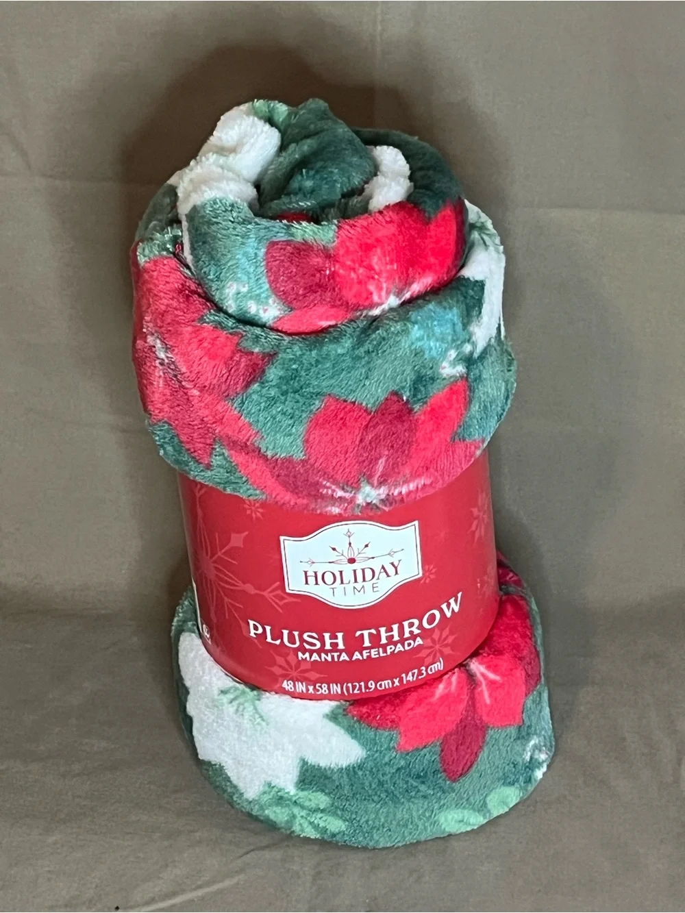 Holiday Time Red, Green and White Poinsettia Plush Holiday Throw