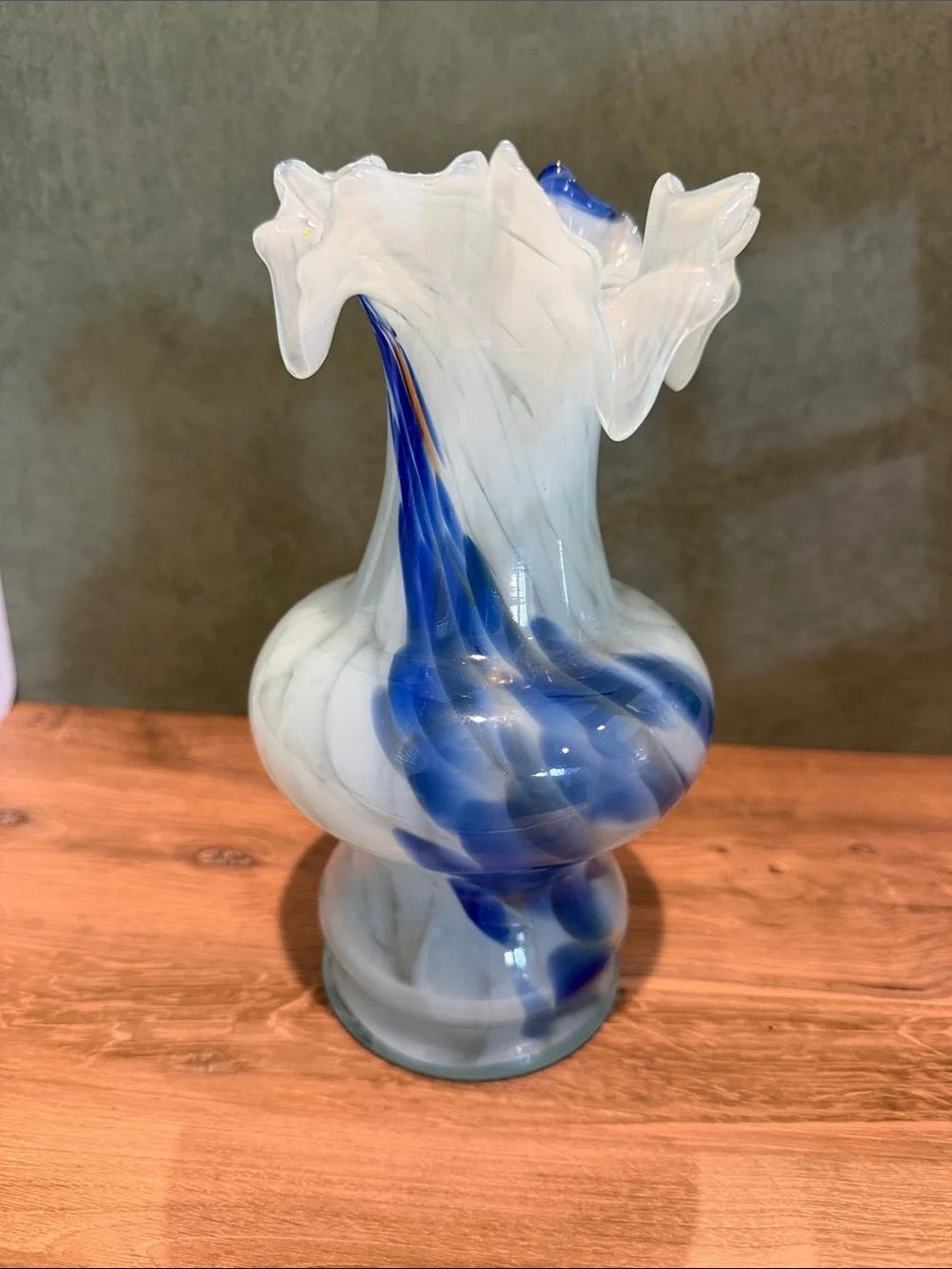 White and Blue Art Glass Ruffled Vase