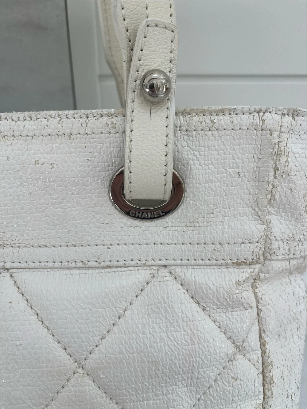 Chanel Paris Biarritz White Tote Bag Silver Charm Hardware Guaranteed Authentic