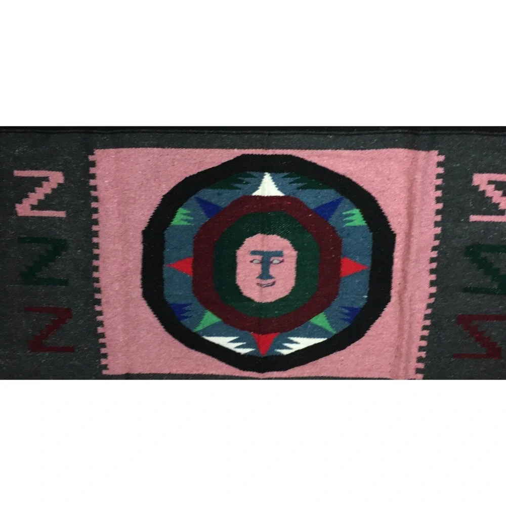 Vintage Handmade Mexican Aztec Pictorial Sun God Multicolor Rug Carpet 78
