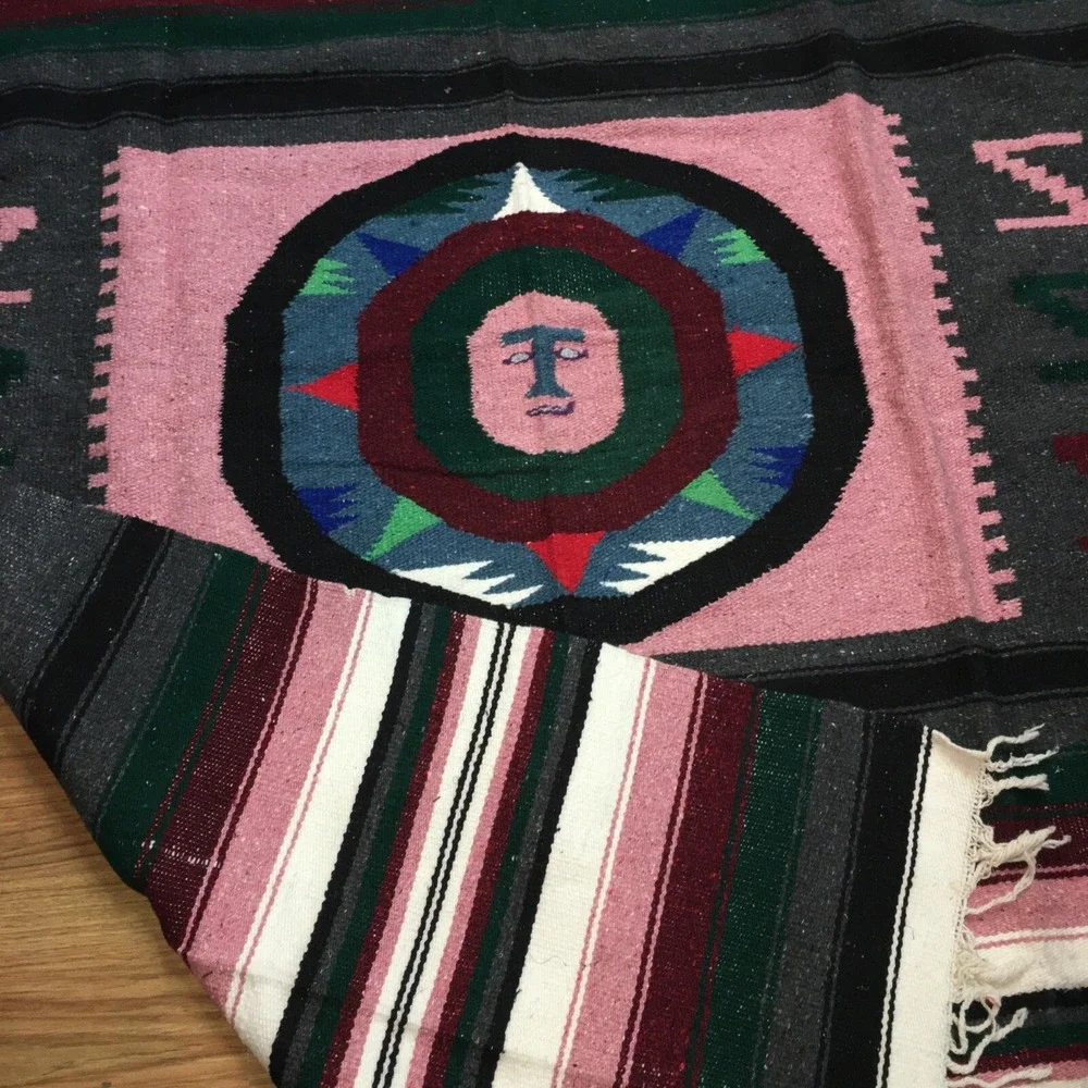 Vintage Handmade Mexican Aztec Pictorial Sun God Multicolor Rug Carpet 78