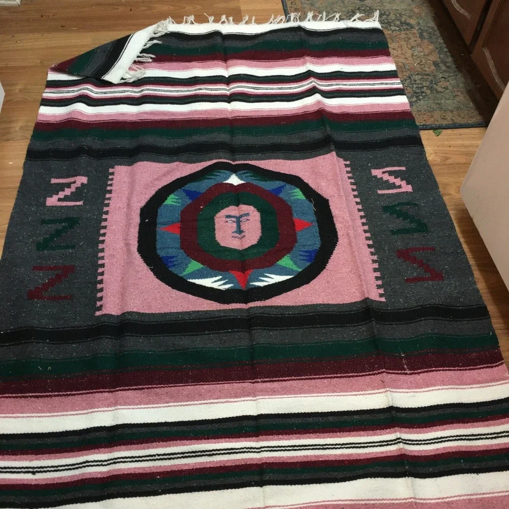 Vintage Handmade Mexican Aztec Pictorial Sun God Multicolor Rug Carpet 78