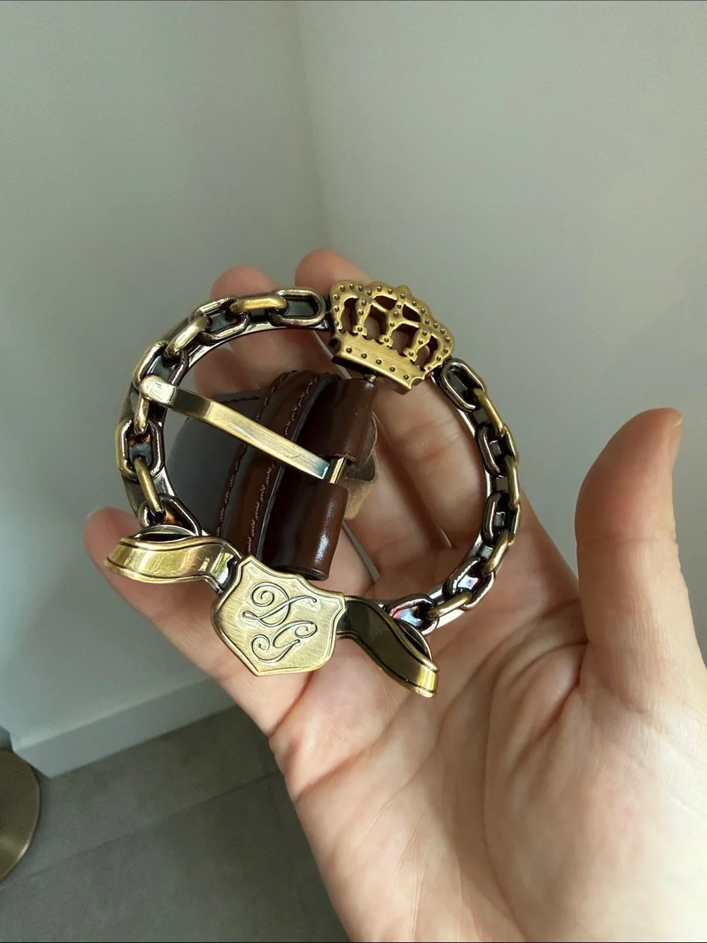 Dolce & Gabbana Brown Leather Belt with Gold Chain Emblem