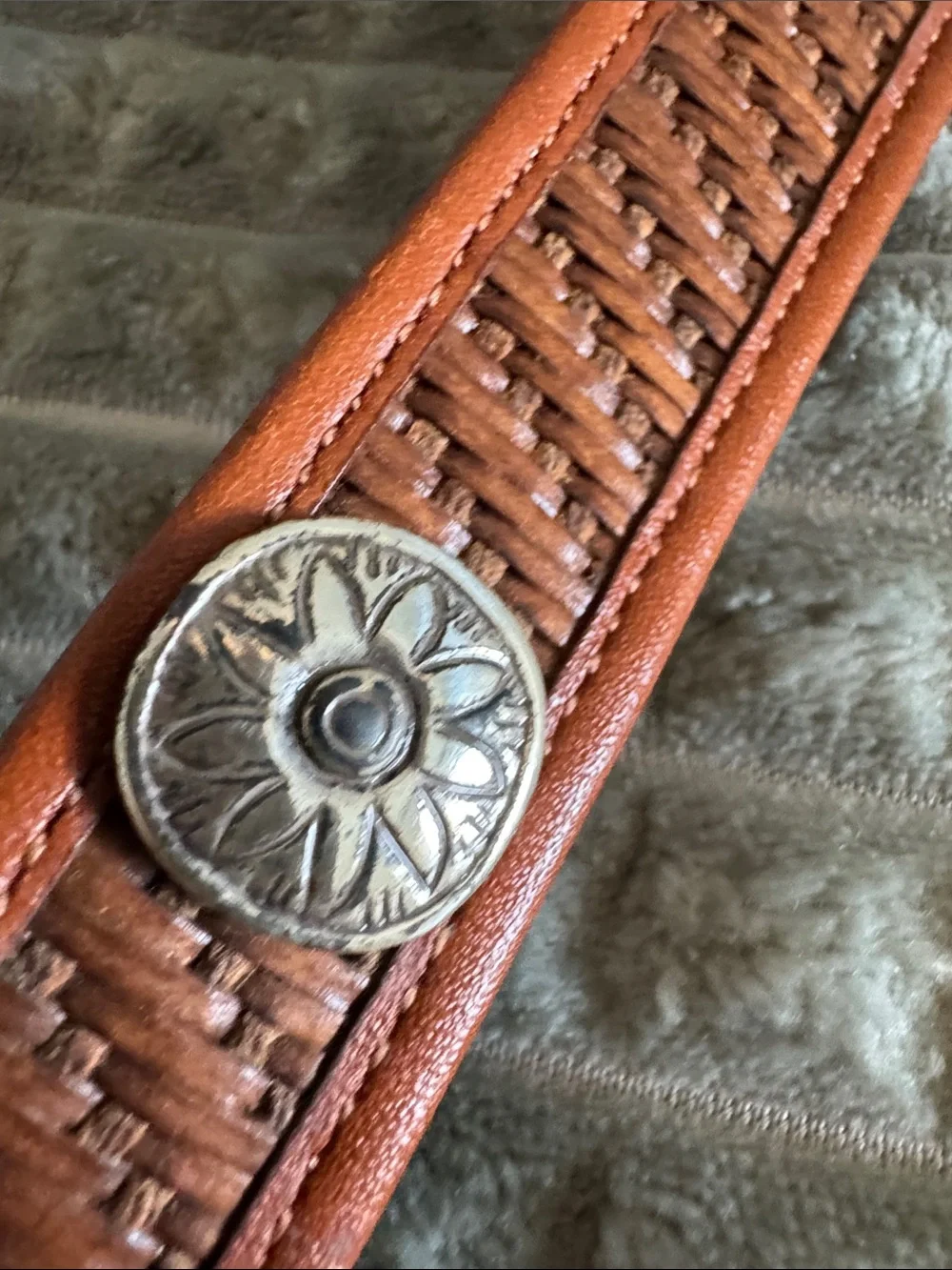 Fossil Brown Leather Braided Floral Concho Belt