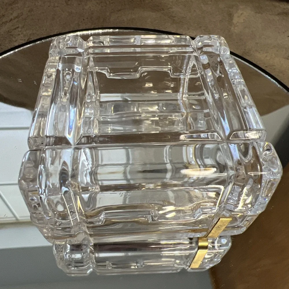 Vintage Glass Cut Jewelry Trinket Box With Gold Bow On Top. Made‎ in Italy