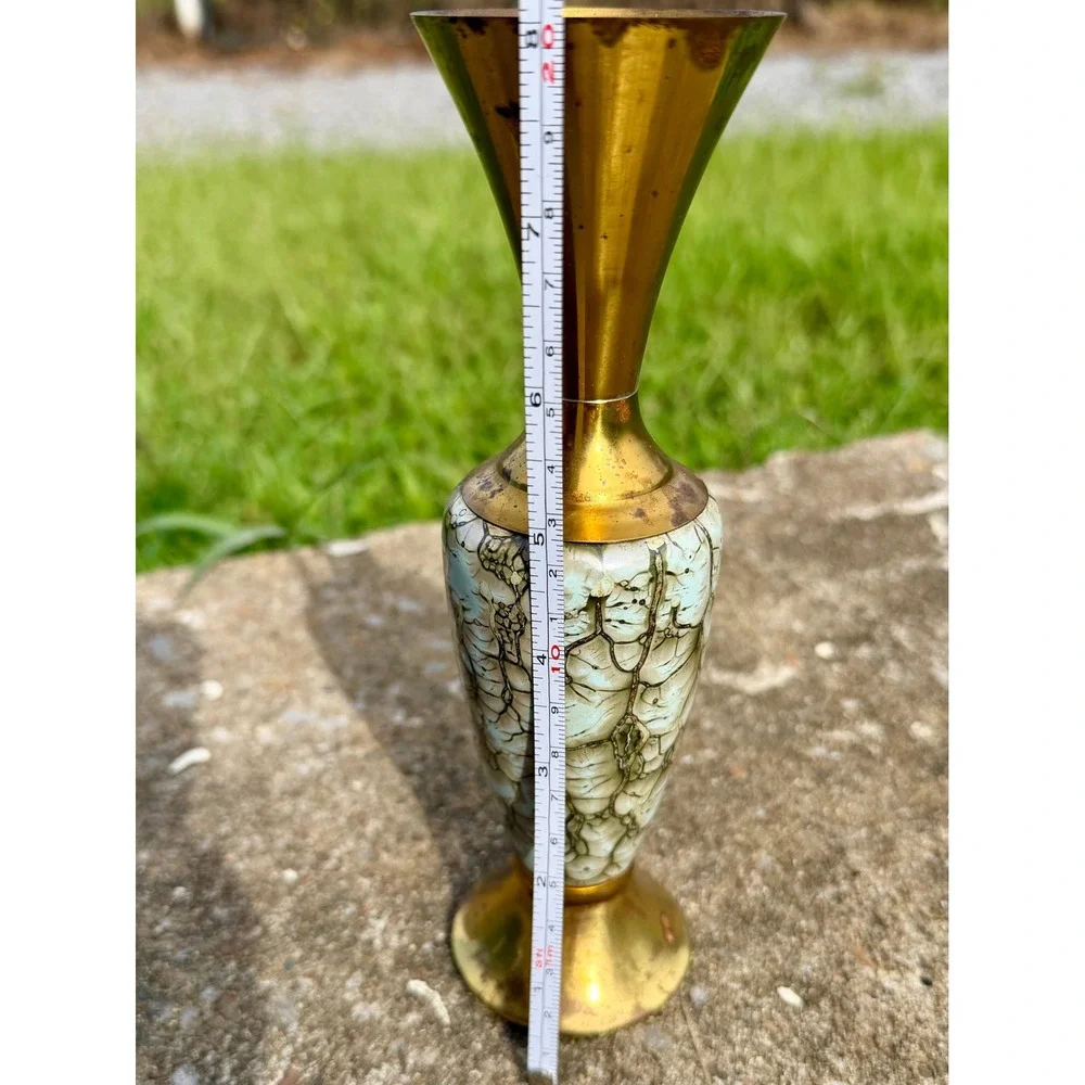 Vintage Old Dutch Delft Brass and Crackle Glaze Bud Vase Made in Holland 8 inch