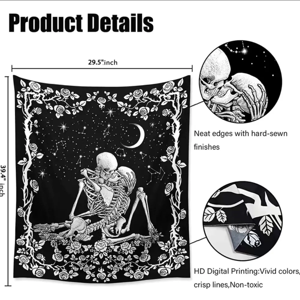 Monad Tapestry The Kissing Lovers Skull Black Moon And Star‎ 39.4”X 29.5”inch