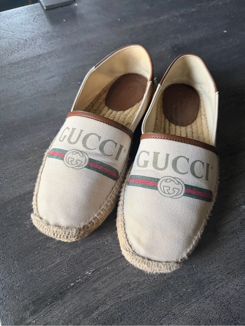 Gucci Beige Canvas Espadrilles with Green and Red Web