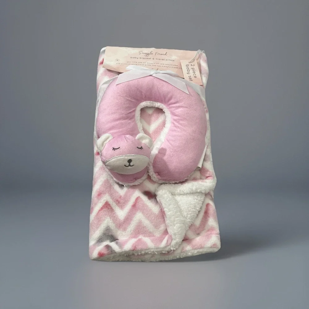 Cuddle Time Baby Blanket  Set Neck Rest Pink‎ Soft Plush Sherpa