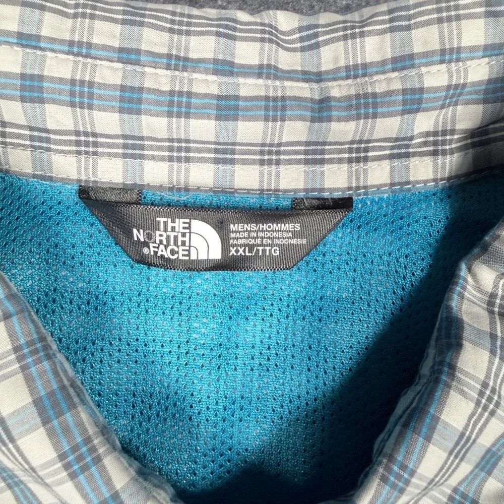 The North Face Mens XXL Grey Blue Plaid Long Sleeve Mesh Lined Hiking Shirt