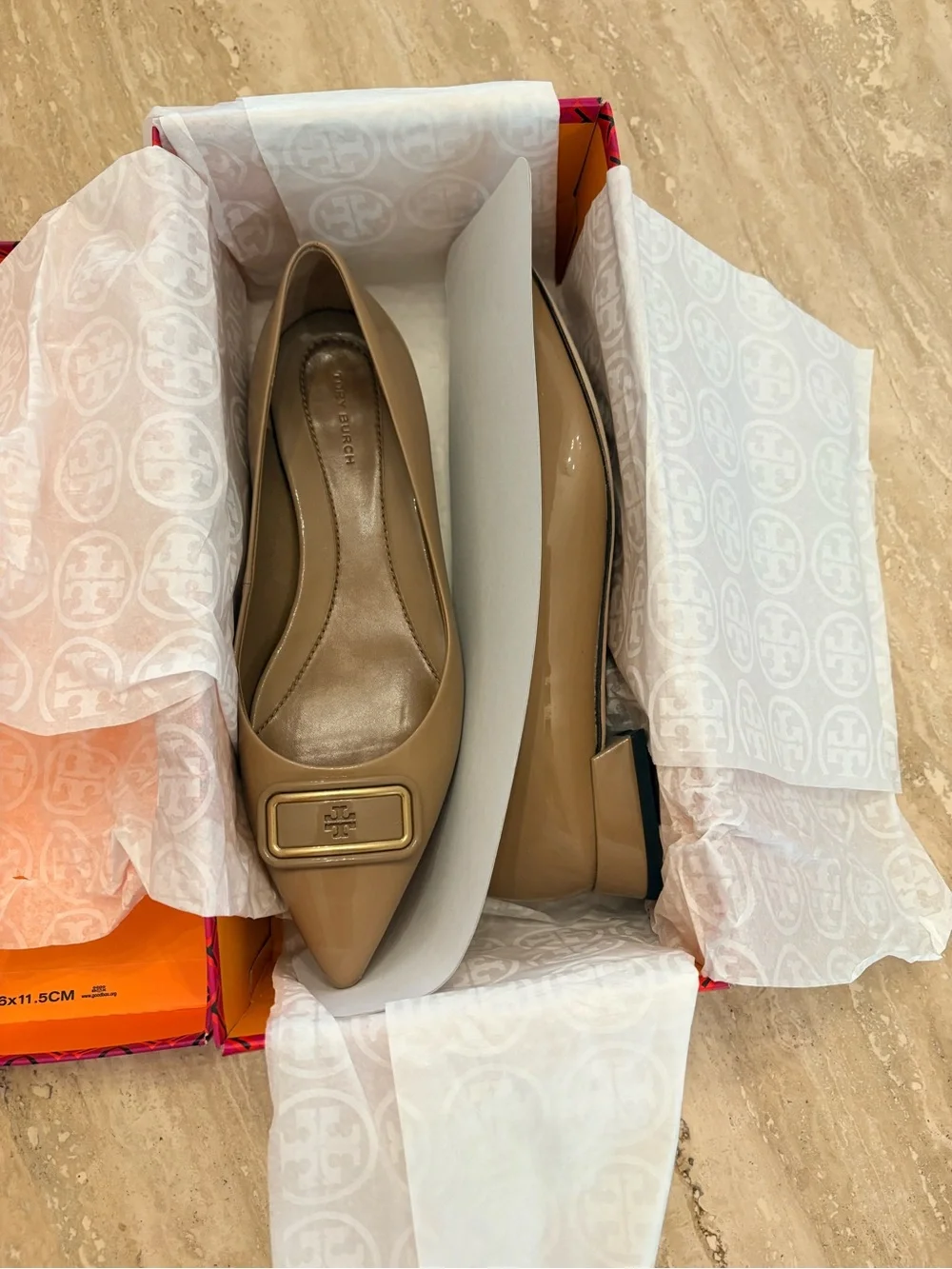 Tory Burch Georgia in Almond  Patent Leather Square-Toe Flats with Logo Plaque