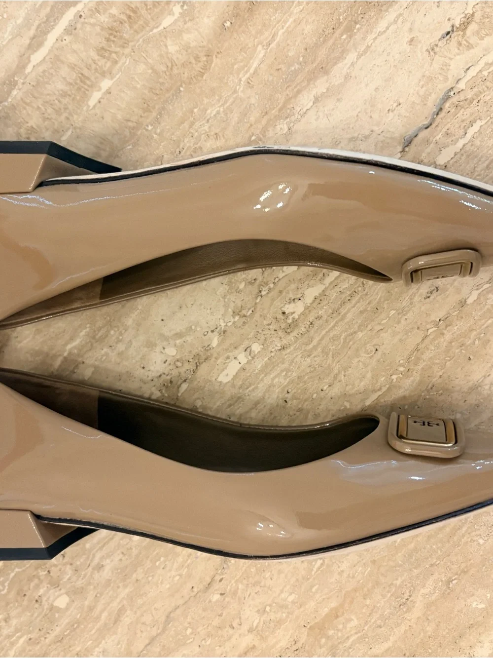 Tory Burch Georgia in Almond  Patent Leather Square-Toe Flats with Logo Plaque